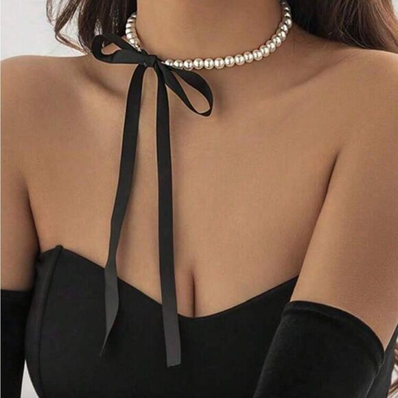 Jewelry - Elegant Pearl Necklace with Red Ribbon R142
